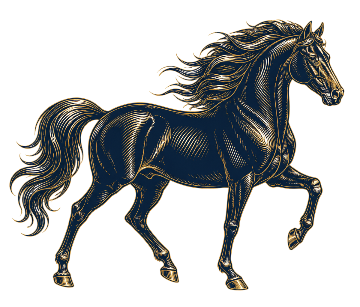Horse illustration in RNR navy and gold